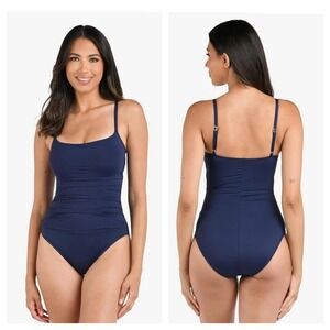 Sz 6- NWT- LA BLANCA Slimming Shirring Demi Scoop Neck One Piece Swimsuit Indigo